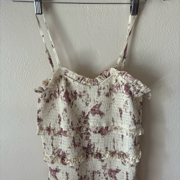 Storia Smocked Mini Dress Ruffle Cream & Pink Tie Dye Sleeveless Size Large - Picture 3 of 8
